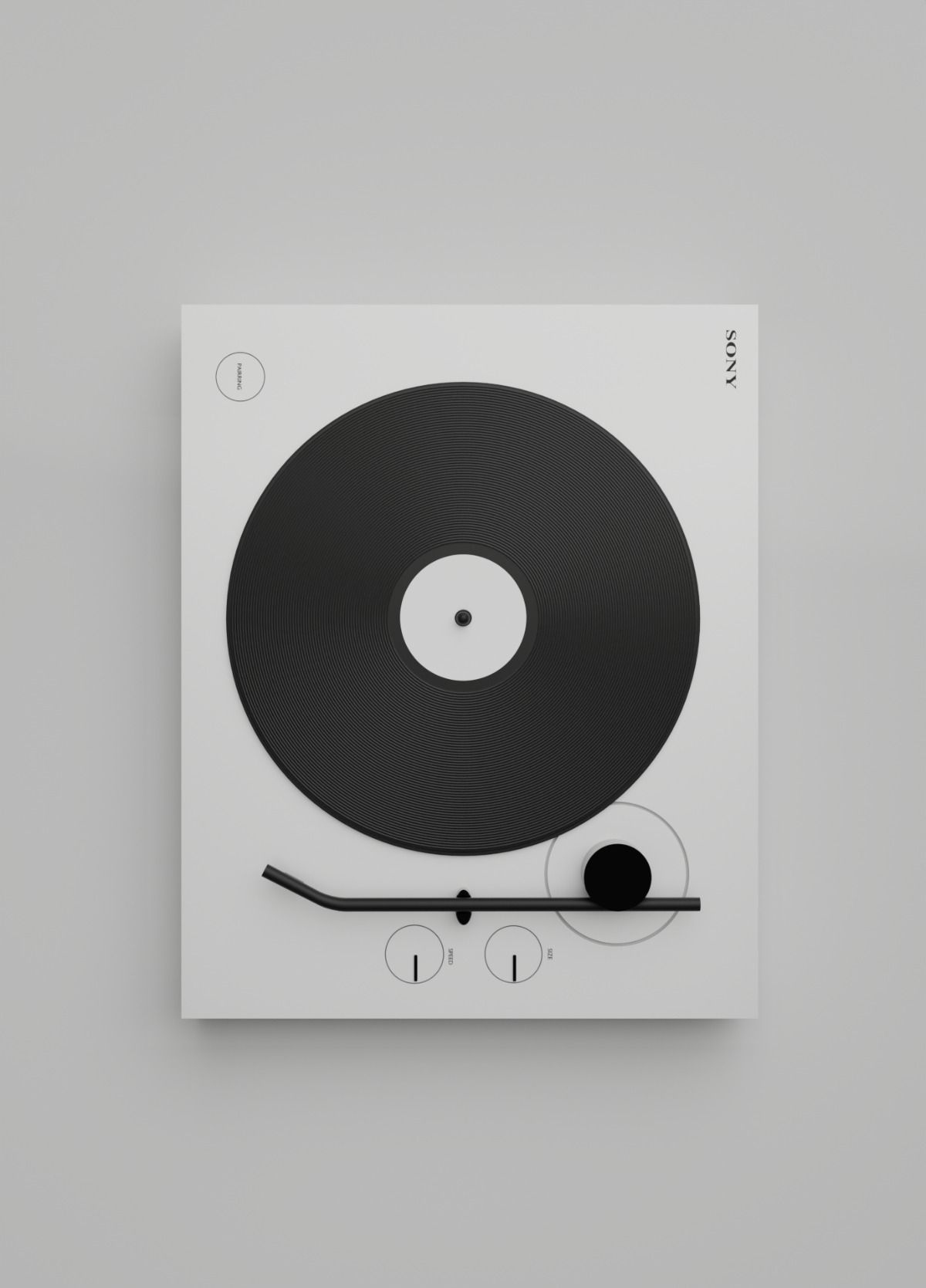 This image showcases a minimalist product design, focusing on the stark contrast between the black vinyl record and the pure white background. The visual language is clean and precise, relying heavily on negative space to highlight the physical form of the disc and its accompanying controls.