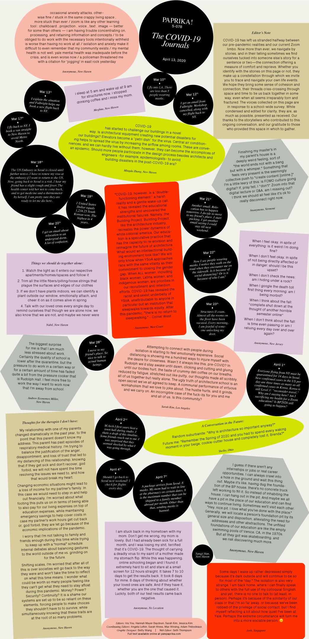This design utilizes a modular, collage-like layout characterized by strong color blocking and varied text treatments to present dense editorial content. The visual language is modern and academic, relying on high contrast between dark backgrounds and vibrant accent colors to segment information effectively.