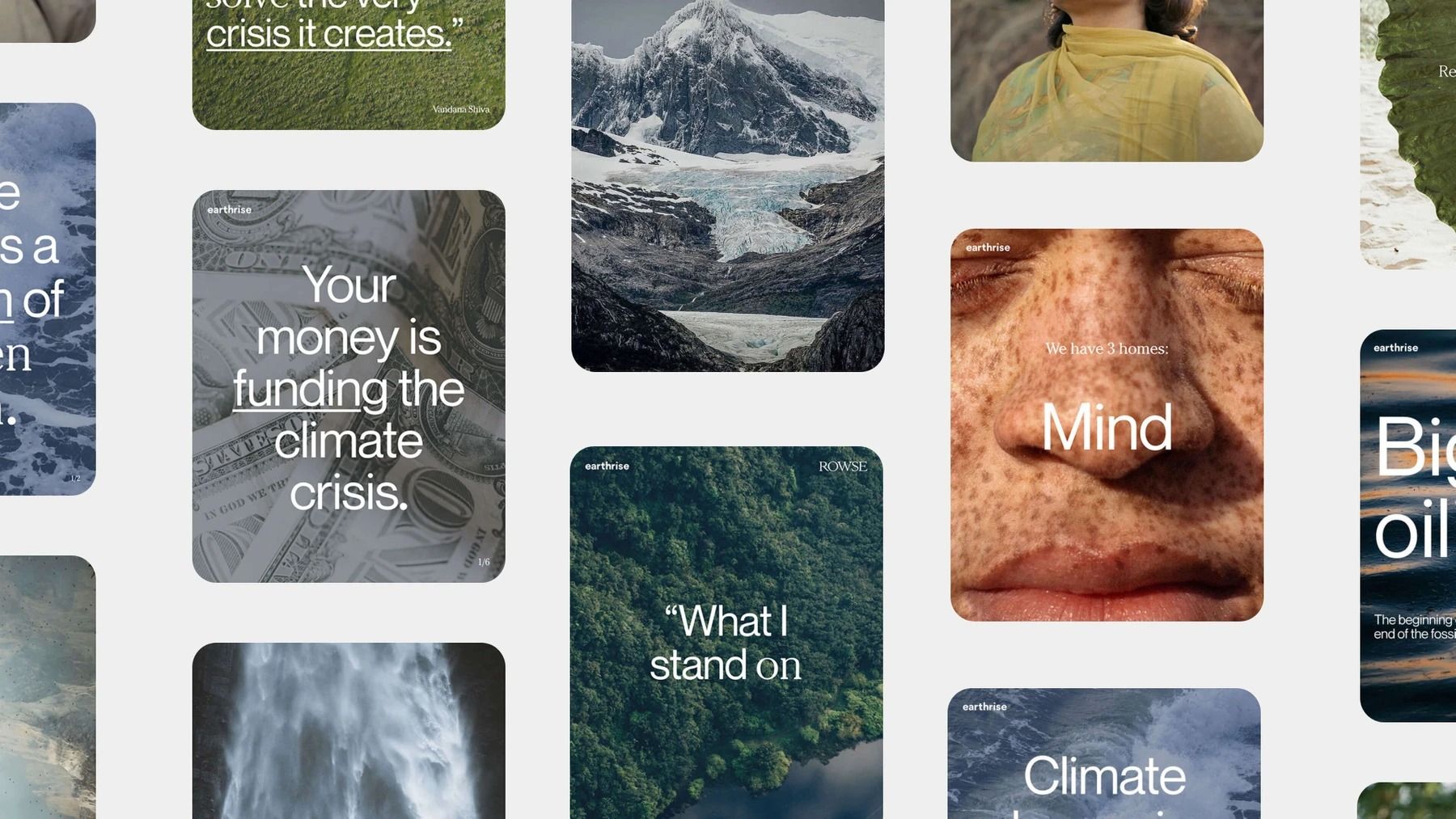 The design features a cohesive, minimalist grid layout combining evocative nature photography with clean typographic overlays. The visual language is serious and thoughtful, using natural textures and muted earth tones to convey urgent environmental themes. The overall feel is professional, editorial, and highly conceptual.