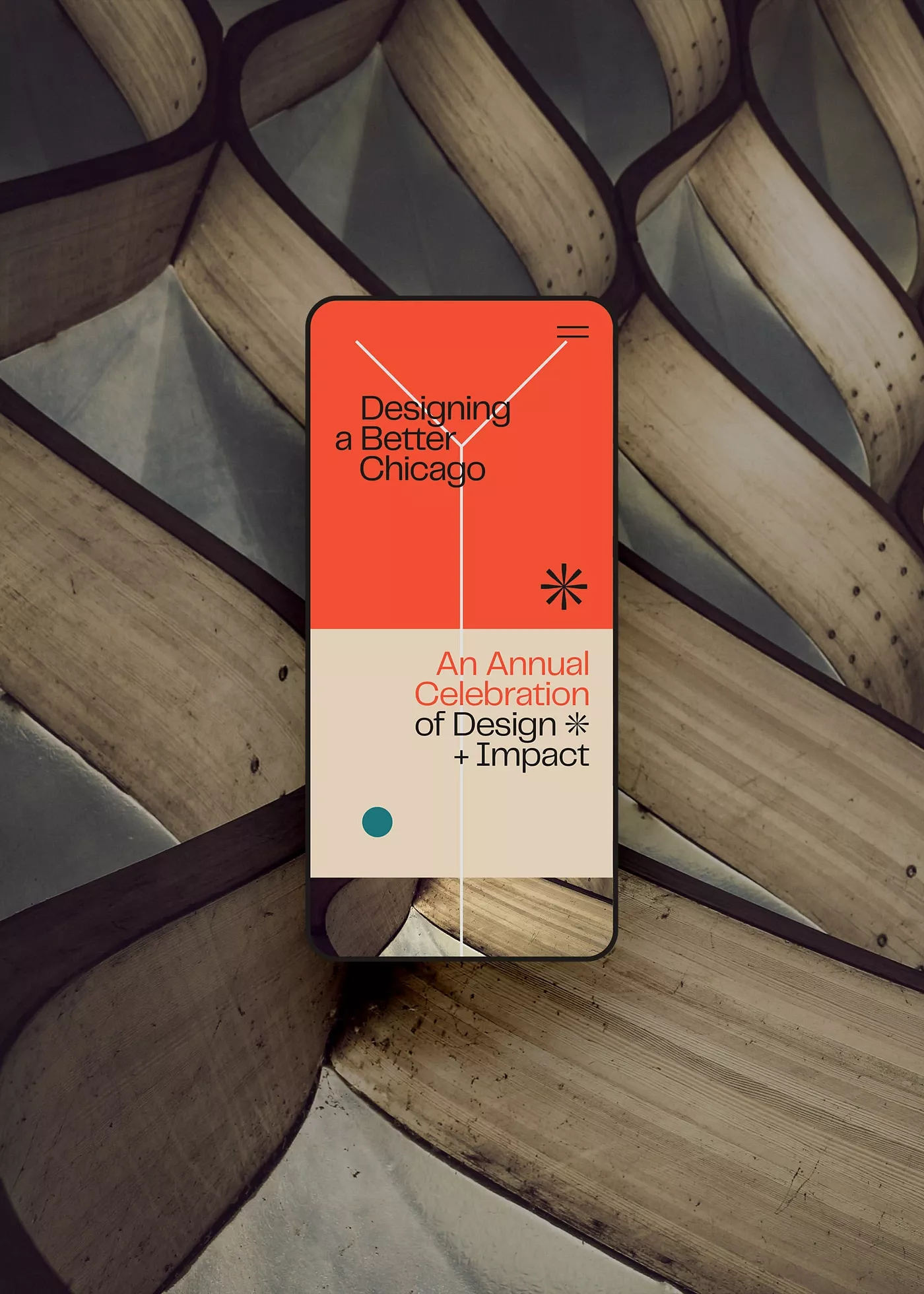 This design effectively juxtaposes clean, modern typographic elements and geometric lines against a rich, organic, textured background. The visual language balances sophisticated minimalism with earthy warmth, creating an engaging and professional aesthetic.