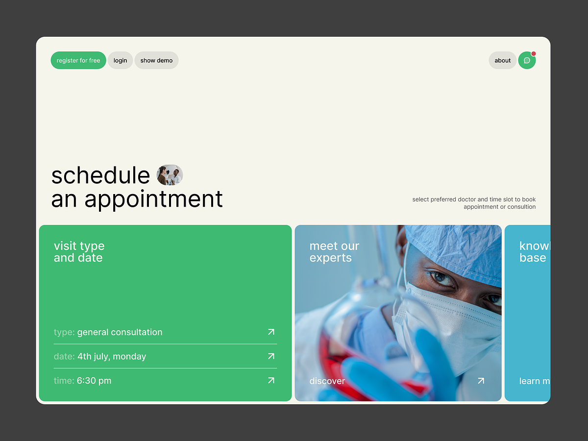 The design presents a clean, modern interface for scheduling appointments, utilizing a light background with distinct blocks of color to guide the user. The visual language is professional and straightforward, aiming for clarity and ease of use in a healthcare or consultation context.