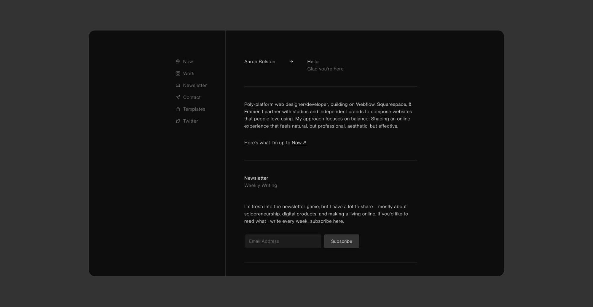 This design features a clean, dark mode aesthetic focused entirely on content hierarchy and readability. The visual language is highly minimalist, employing generous negative space to draw attention to the profile and navigation links. The overall feel is professional, modern, and highly focused on personal branding.