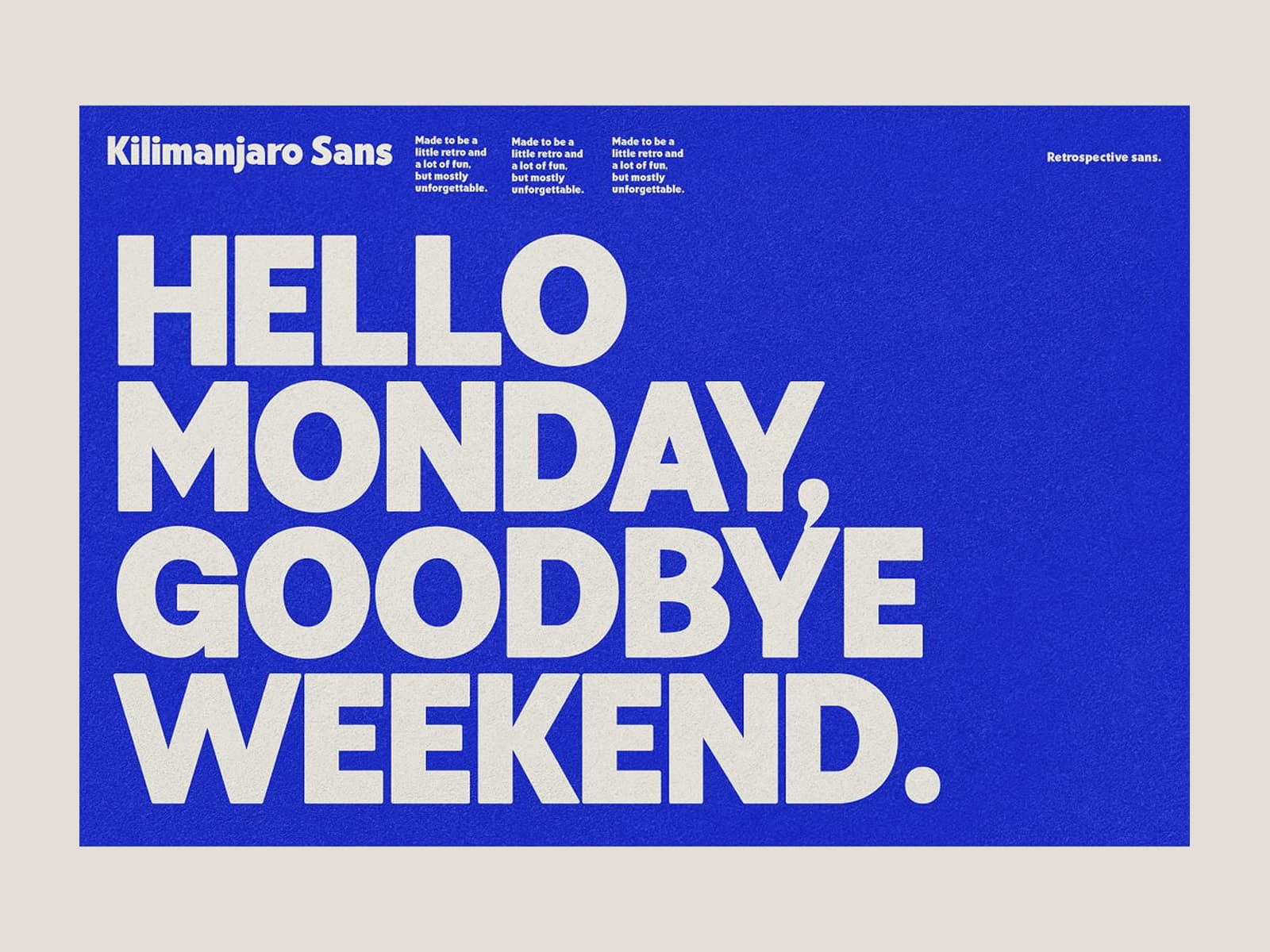 A bold, contemporary typographic design featuring large sans-serif lettering on a vibrant cobalt blue background with a neutral beige border. The composition exemplifies modern Swiss-style graphic design with its clean hierarchy, generous whitespace, and direct messaging approach.