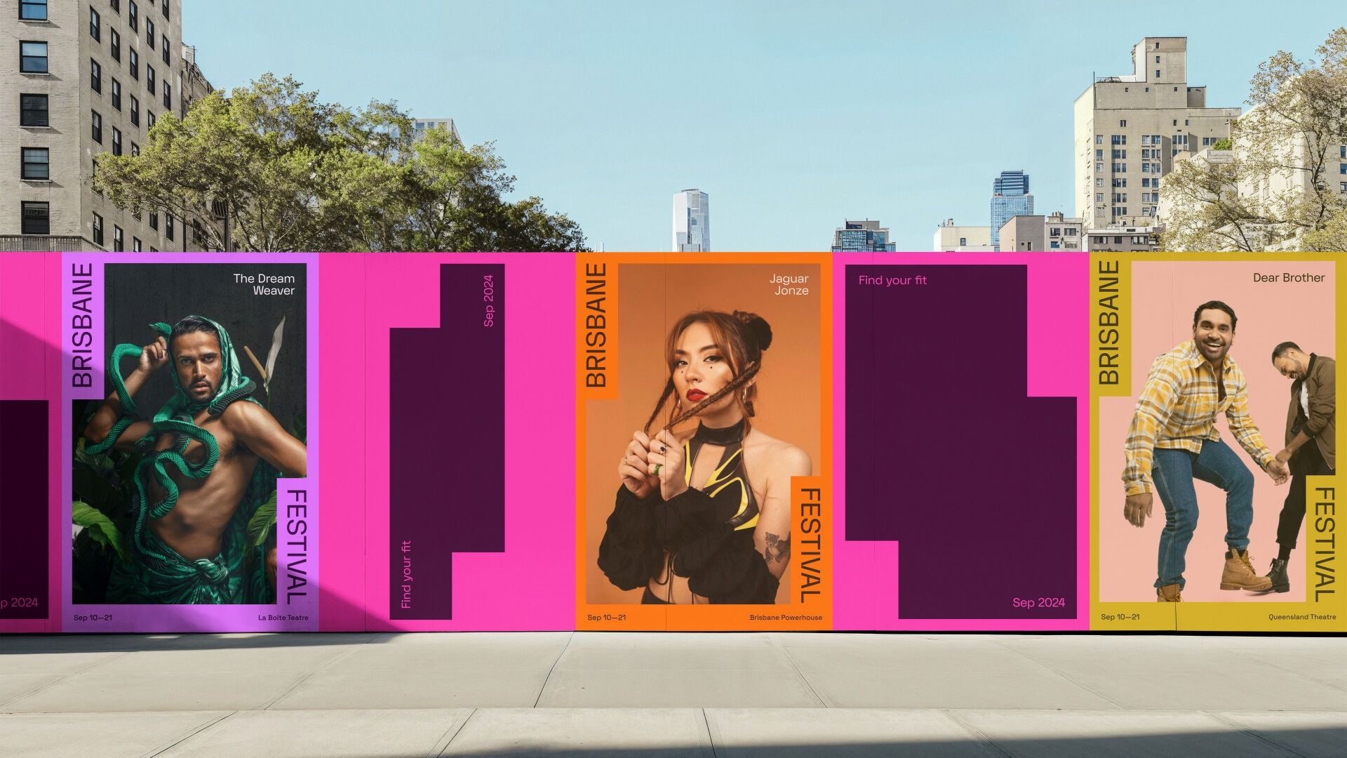 This is a series of vibrant, rectangular promotional panels featuring striking portrait photography set against bold, contrasting color blocks. The design uses strong graphic elements and high-contrast imagery to create an energetic and modern festival aesthetic.