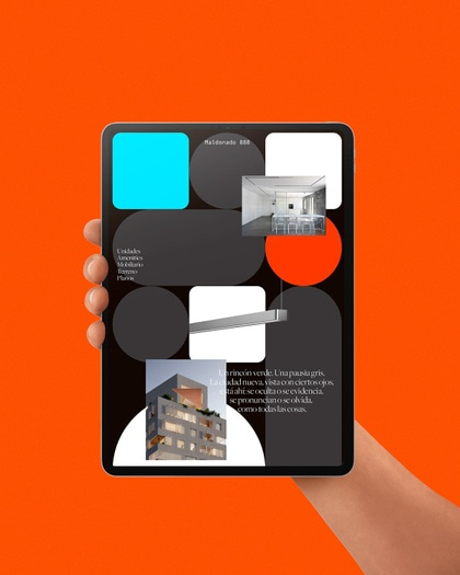 The image presents a clean, modern, and minimalist interface design displayed on a dark screen against a vibrant orange background. It utilizes a modular layout with distinct colored blocks and photographic elements to convey information in a structured yet visually engaging manner.
