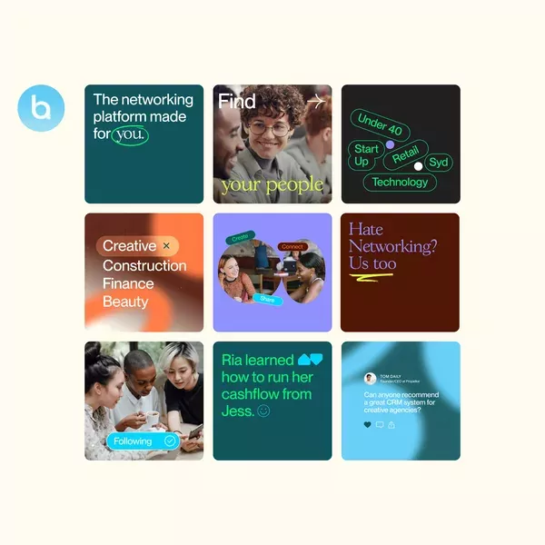 The image presents a grid of distinct, square-shaped cards, likely representing features or services for a platform. The design uses a dark, muted color palette contrasted with bright accents and photographic elements to convey a modern, professional, and engaging feel.