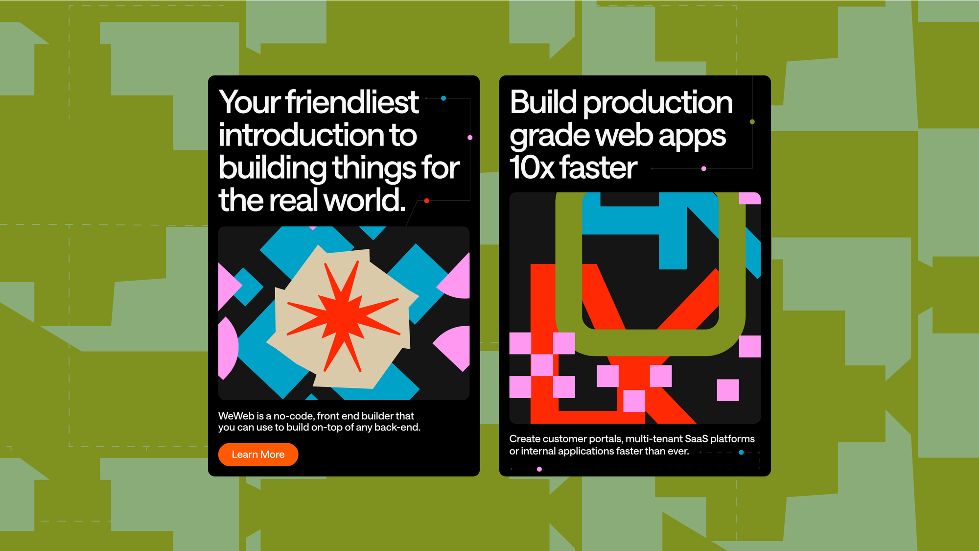 The image presents a clean, modern, and slightly playful interface design promoting a web development service. It uses high contrast between dark backgrounds and vibrant, geometric accents to convey innovation and accessibility.