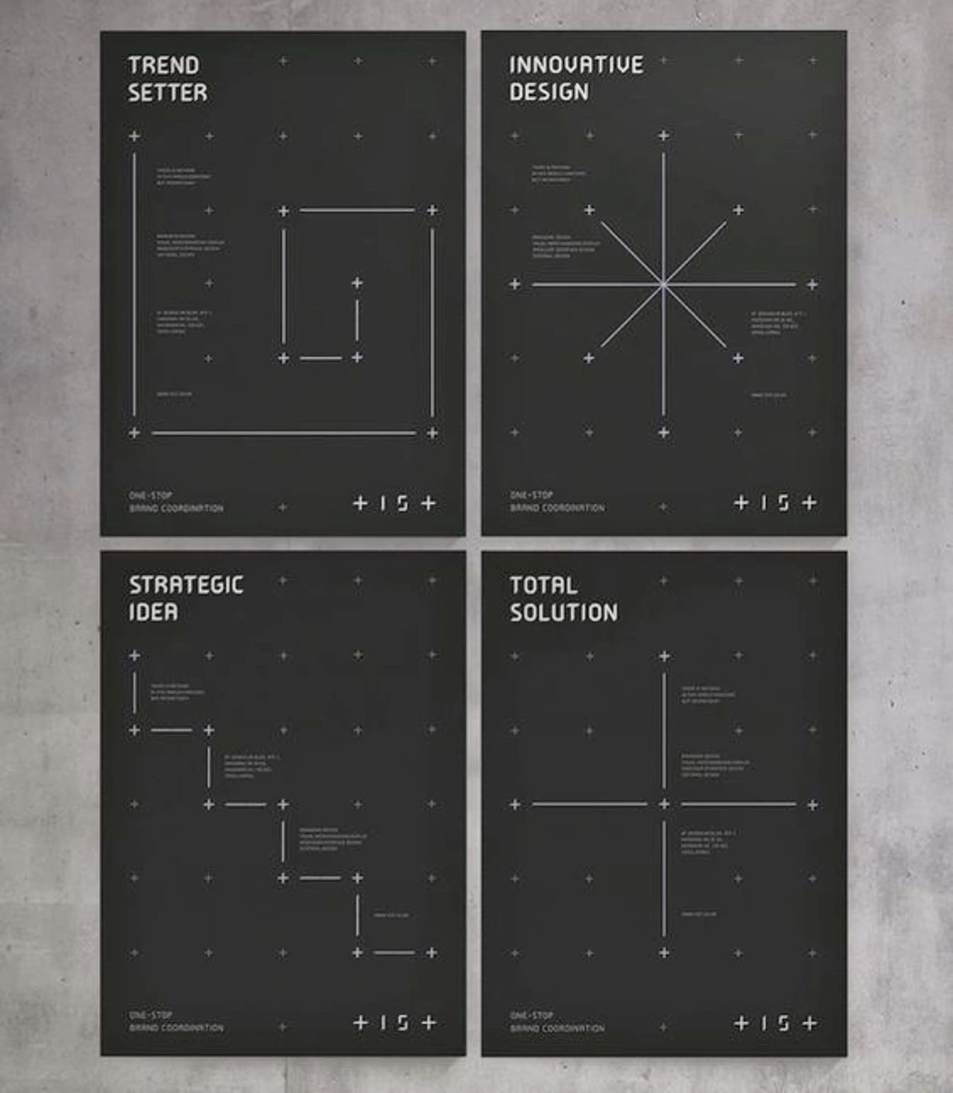 This presentation utilizes a severe minimalist aesthetic characterized by strong geometric grids and stark contrasts. The visual language is highly structured, relying on precise lines and negative space to convey ideas clearly and professionally. The overall feel is corporate, analytical, and highly organized.