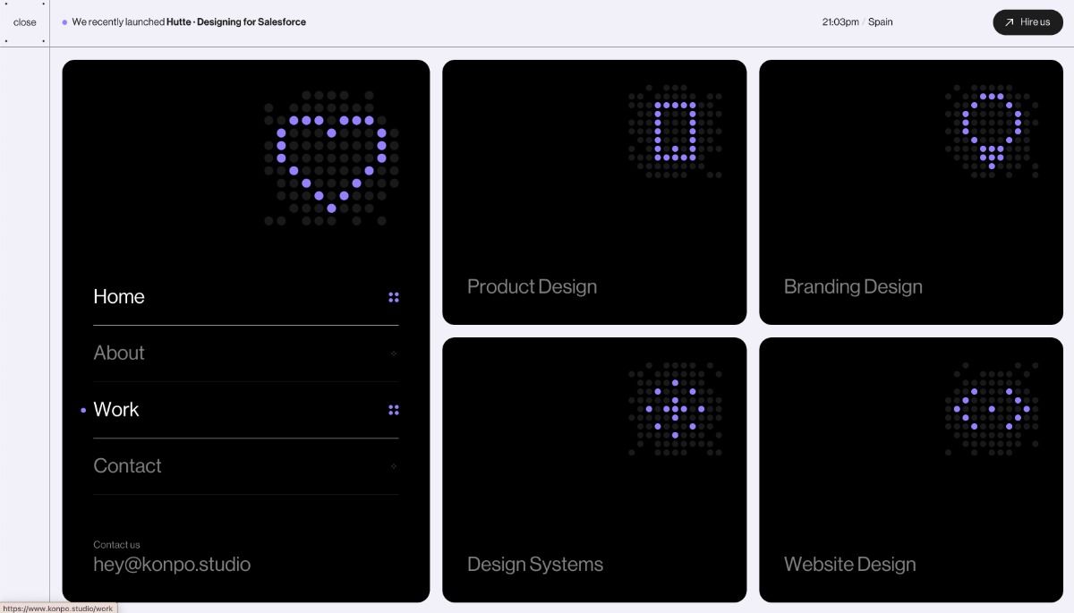 The interface presents a dark, minimalist design utilizing a monochromatic palette of deep black and vibrant purple accents. The layout is clean and grid-based, featuring distinct, equally weighted tiles for navigation, suggesting a modern and professional portfolio or service showcase.