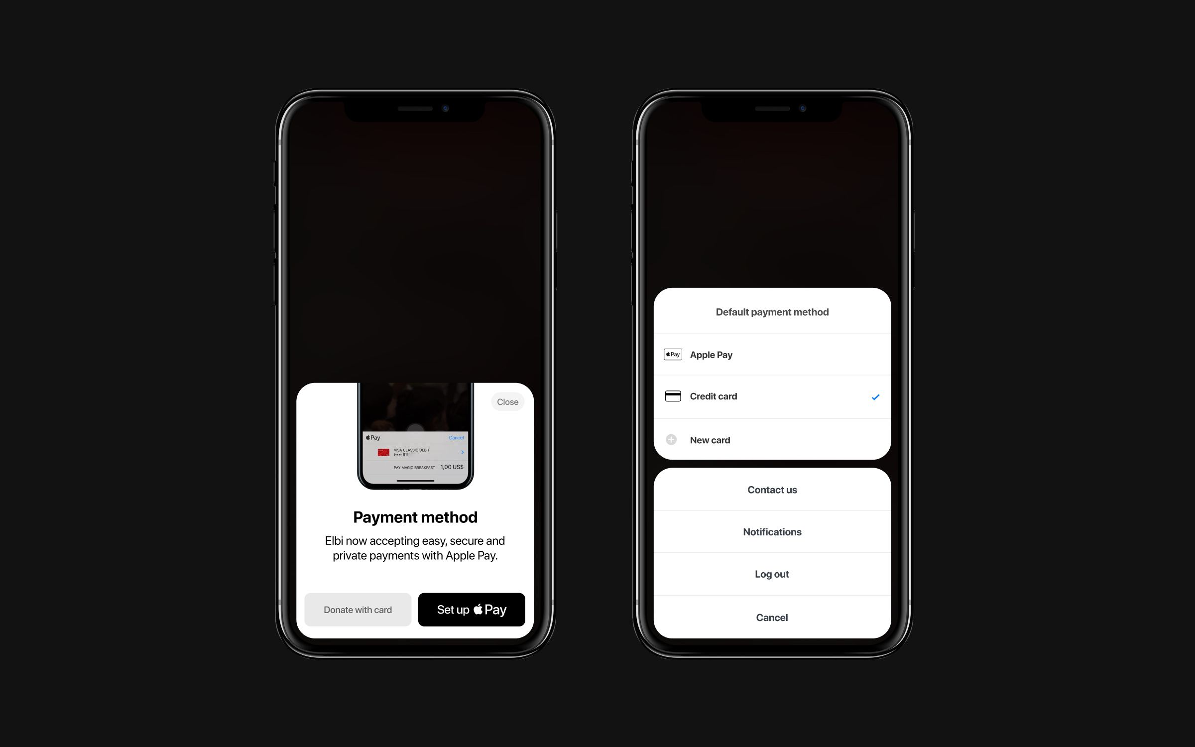 The image displays a clean, minimalist mobile application interface focused on a payment method selection screen. The design utilizes high contrast and ample negative space to create a modern, straightforward user experience.