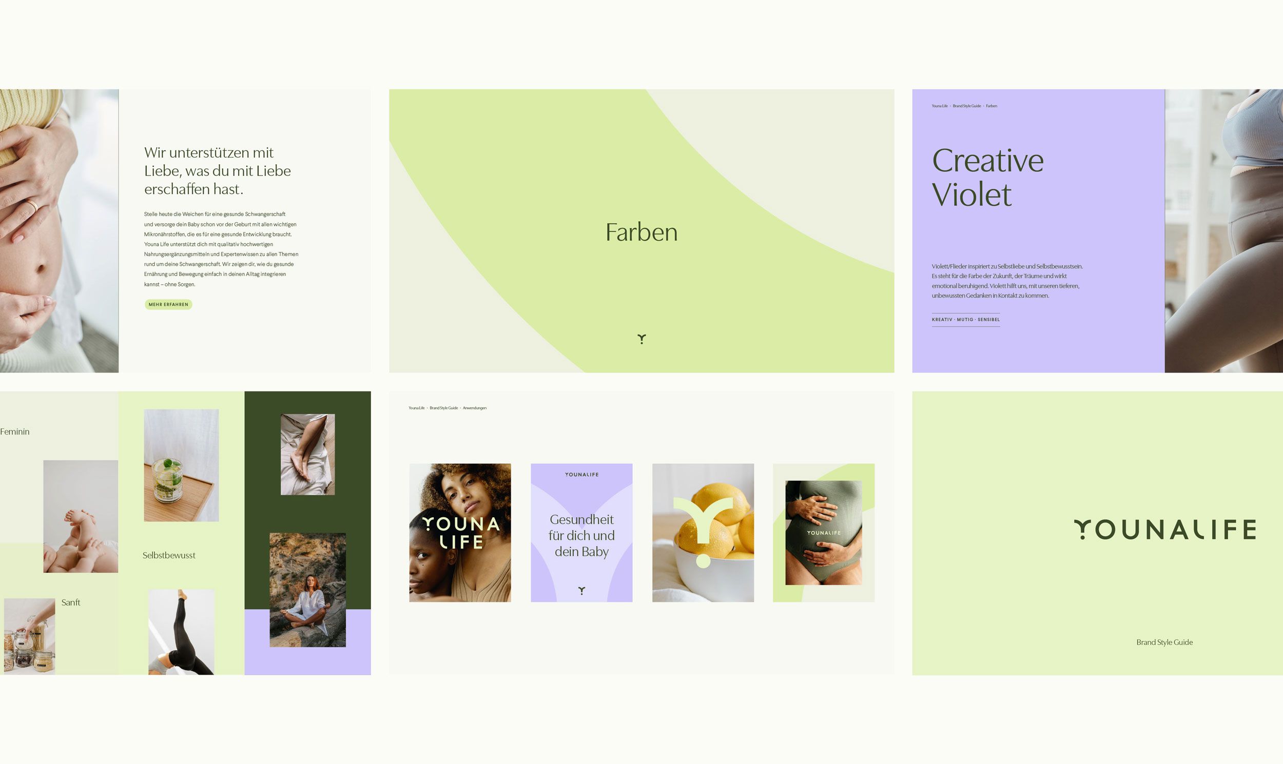 This design exhibits a clean, minimalist aesthetic characterized by ample white space and soft, organic color transitions. The visual language is calm and trustworthy, utilizing natural photography and simple geometric elements to convey a sense of wellness and quality.