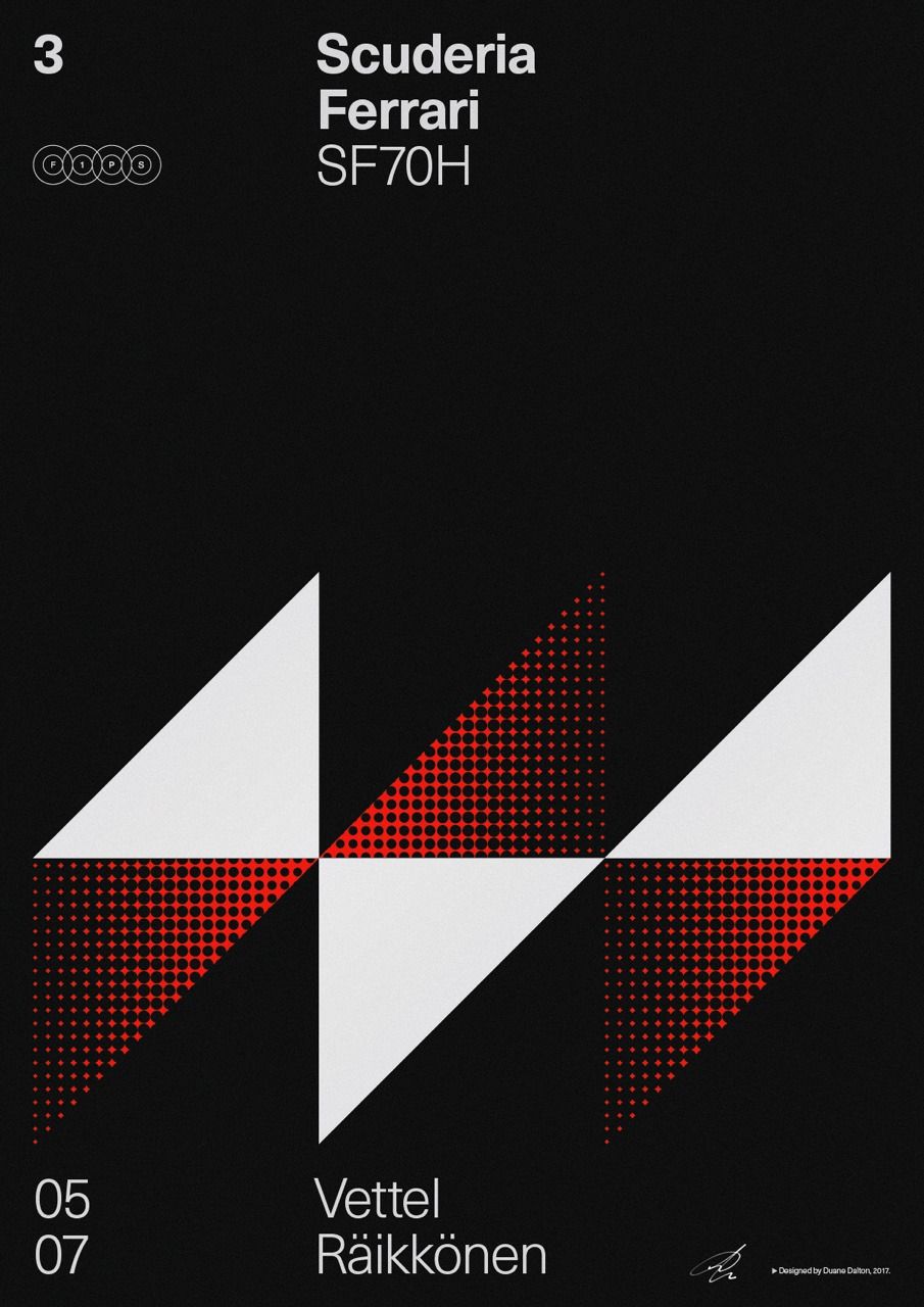 A modernist design poster featuring geometric abstraction with a striking interplay of red pixelated forms and white angular shapes against a black background. The composition demonstrates sophisticated use of negative space and digital aesthetics, presenting information about Scuderia Ferrari and the SF70H racing car with minimalist typography.