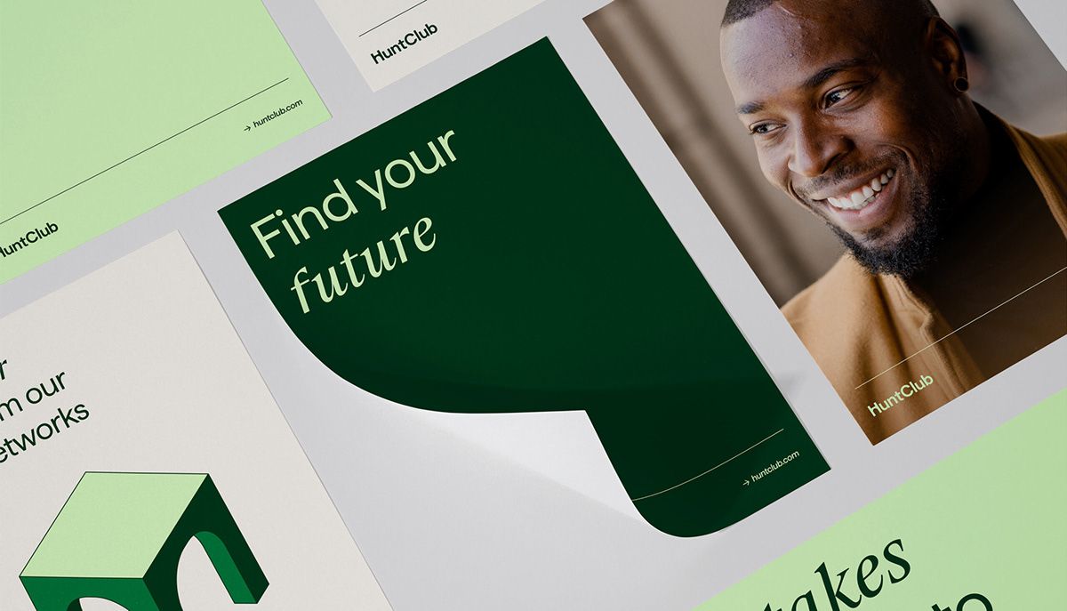 This design utilizes a clean, minimalist layout with strong visual hierarchy achieved through high contrast between deep green elements and muted neutrals. The composition effectively balances large typographic statements with professional photography to create an engaging yet serious tone. The overall feel is aspirational, modern, and highly polished.