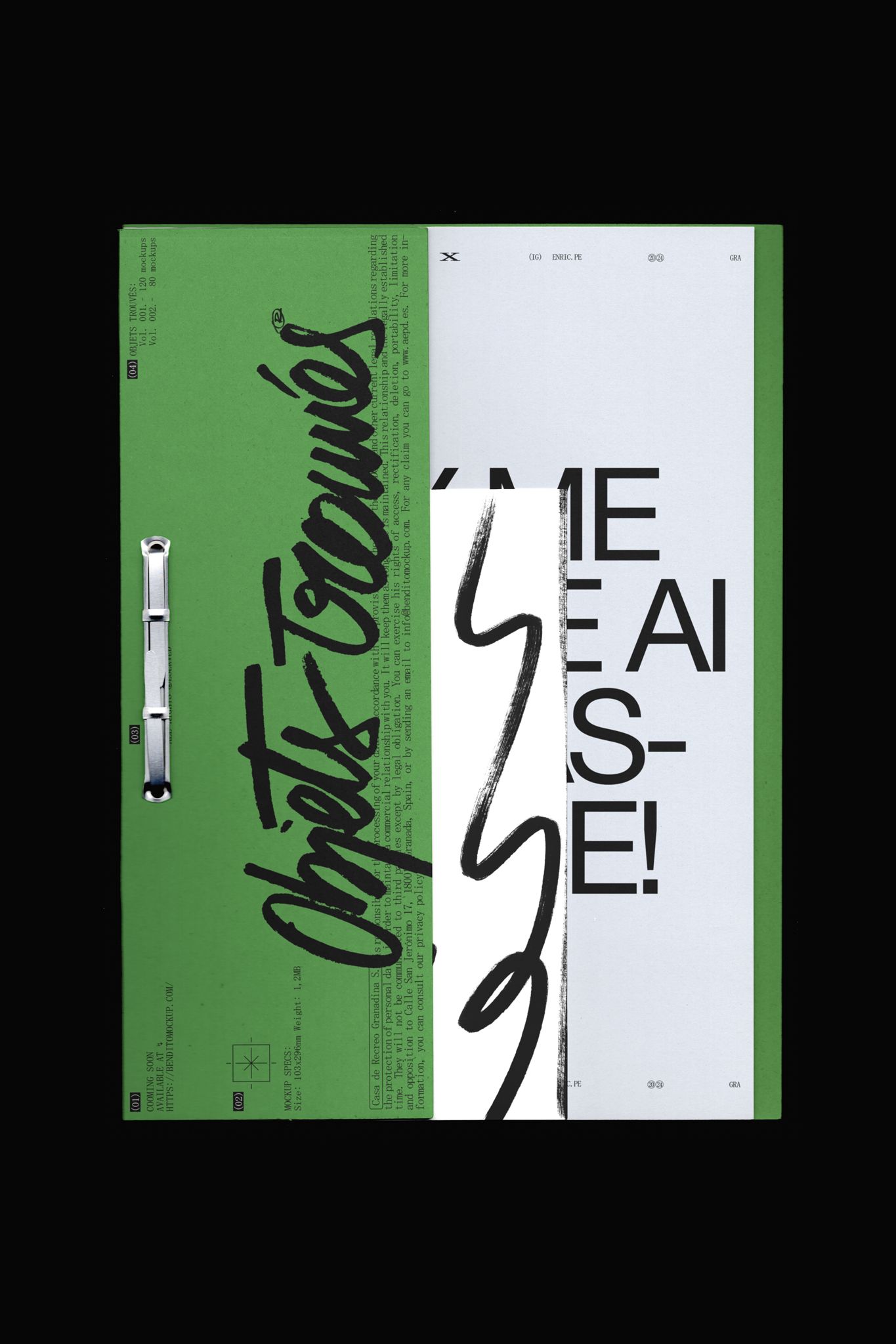 This design features a stark, minimalist layout dominated by a muted olive green and white, utilizing handwritten or expressive typography to convey a personal or artisanal feel. The composition is clean yet dynamic due to the contrast between the dense text and the negative space.