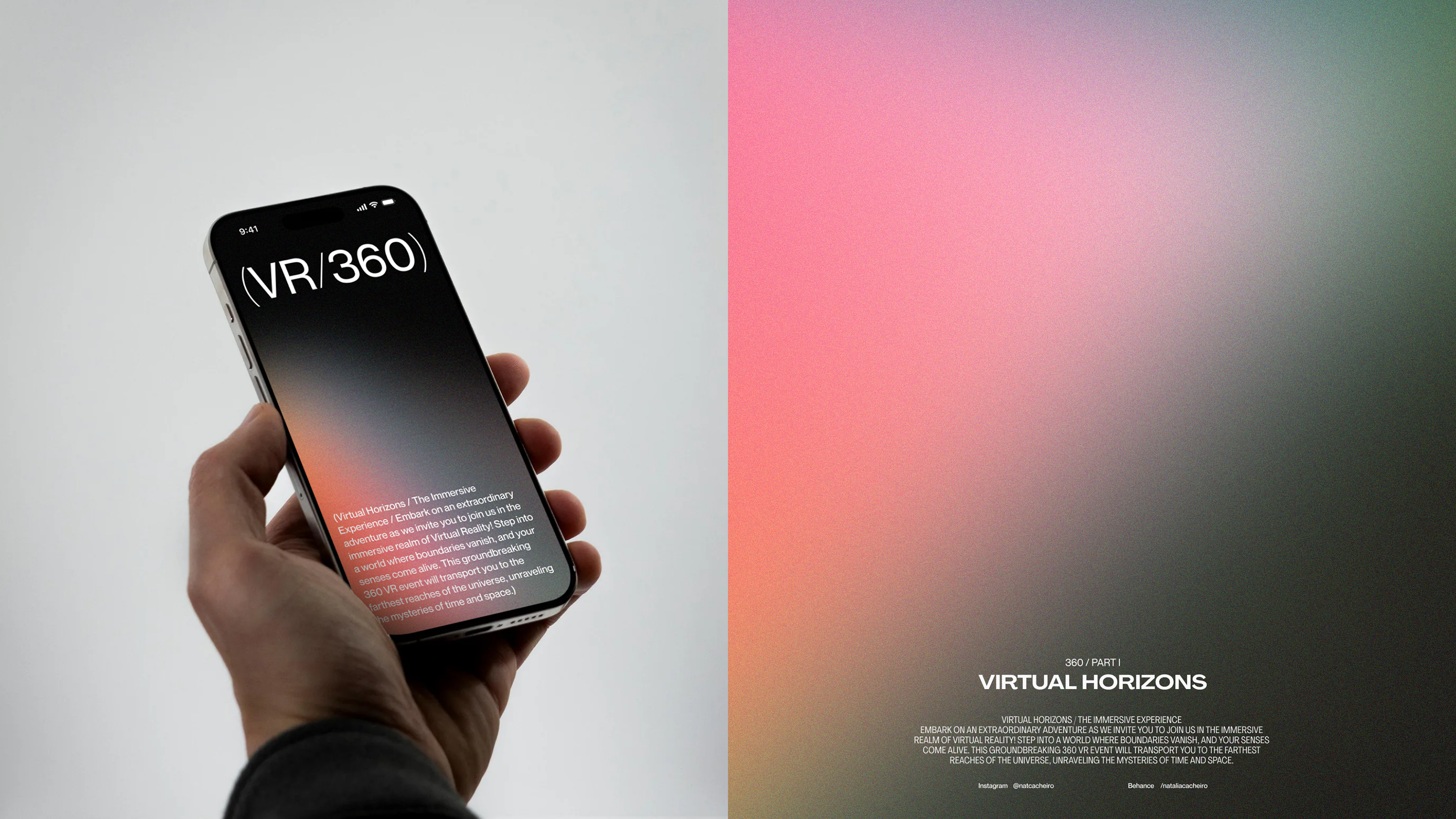 The image features a close-up of a hand holding a smartphone displaying a VR/360 interface against a soft, gradient background. The composition is clean and modern, emphasizing the technology through the device and the subtle color wash.