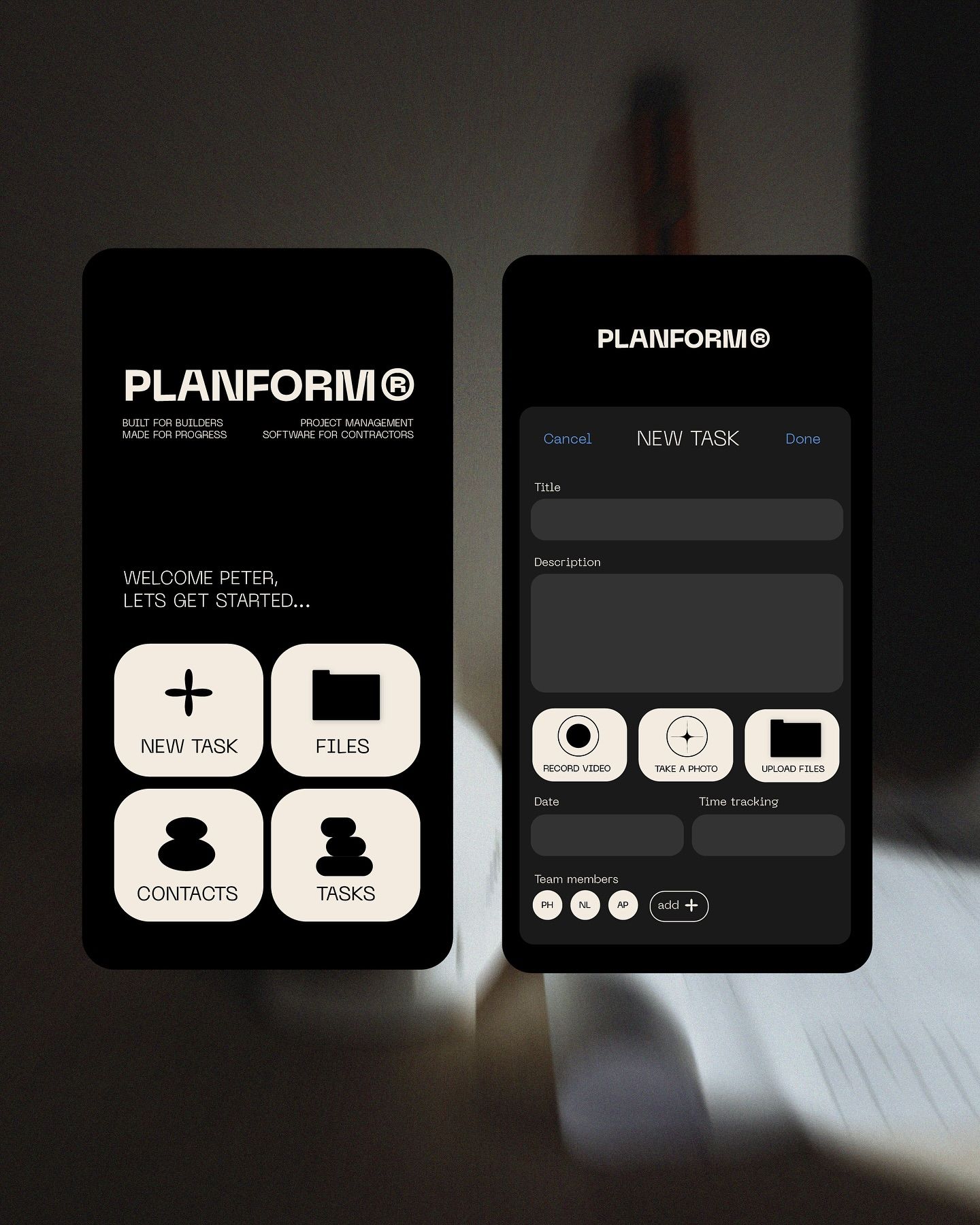 The image displays a clean, modern mobile application interface design characterized by a dark mode aesthetic. The layout is minimalist and functional, using ample negative space to clearly delineate various task management features.