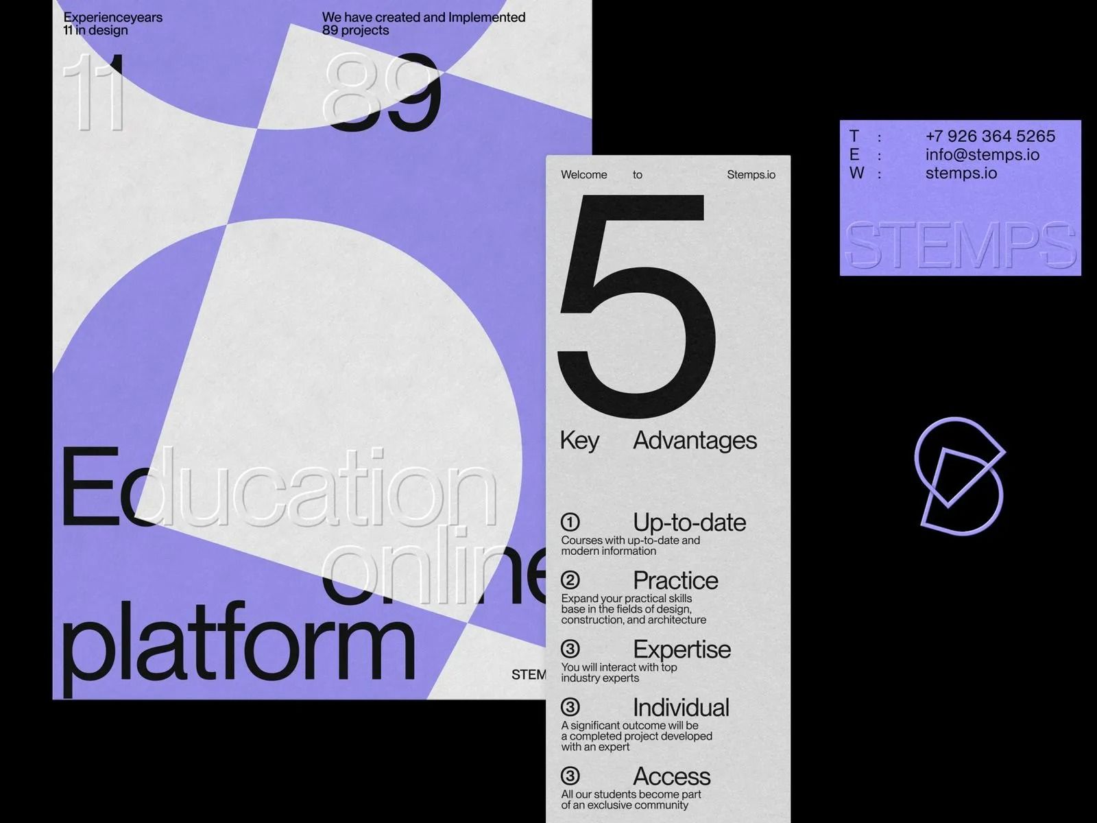 The design uses a clean, modern aesthetic relying on large geometric shapes and ample negative space to organize complex information. The visual language is structured and professional, successfully balancing bold typography with soft pastel colors to create an inviting yet serious educational platform.