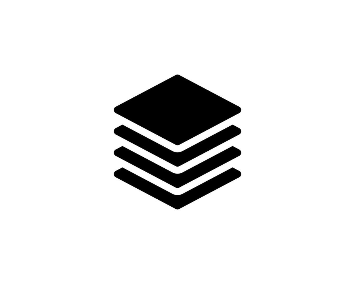 This is a minimalist, abstract icon composed of stacked, layered geometric shapes, suggesting concepts like data, hierarchy, or layers of information. The design relies purely on solid black shapes against a white background to convey simplicity and structure.