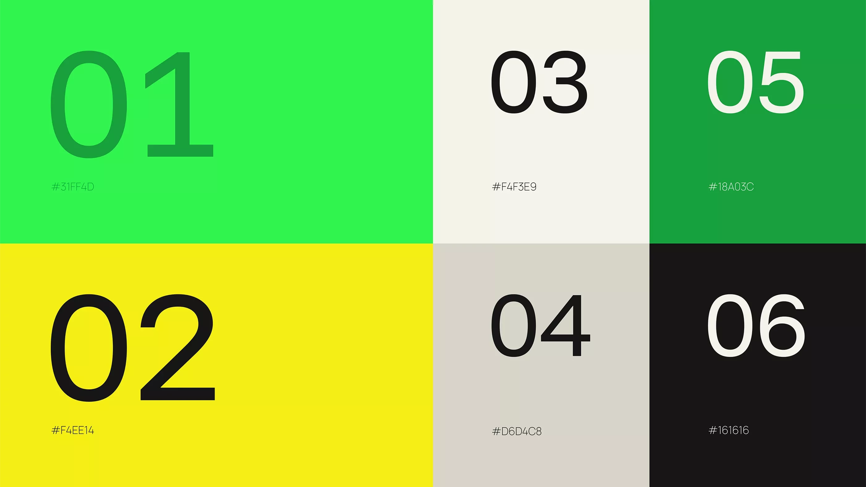 This image presents a clean, grid-based design utilizing a vibrant green and yellow palette contrasted with neutral grays and black. The layout is highly structured, employing large numbers against solid color blocks to create a modern, segmented visual identity.