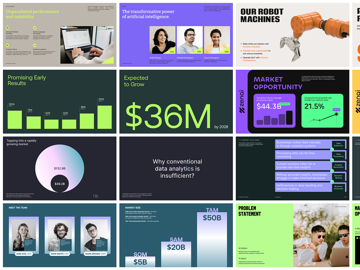 A modern presentation deck featuring a vibrant, data-driven design system with bold typography and neon accents. The layout combines infographics, charts, and photography across multiple slides with a contemporary corporate aesthetic. The visual language emphasizes clarity and impact through strategic use of color blocking and hierarchical information design.