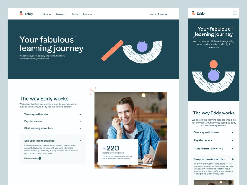 The design is clean, modern, and professional, utilizing a dark blue/teal background contrasted with white text and vibrant accent colors (orange and purple). The visual language is inviting yet structured, aiming to convey a journey or learning experience.