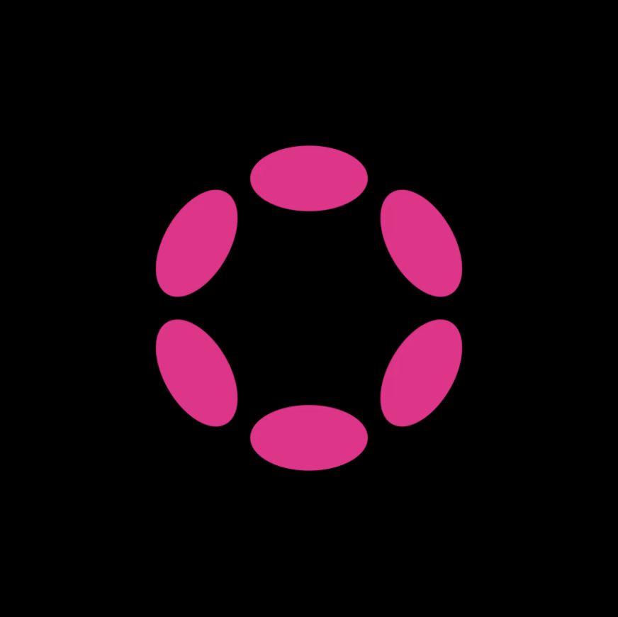 The image features a minimalist, abstract design composed of six evenly spaced, solid pink ellipses arranged in a circular pattern against a stark black background. The design relies on simple geometric repetition to create a sense of balance and subtle movement.