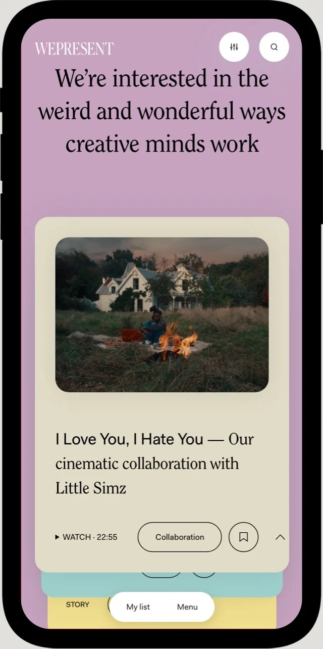 This interface features a soft, pastel color palette combined with clean, modern typography and ample whitespace, creating an intimate and editorial feel. The design successfully balances professional structure with evocative, artistic imagery.