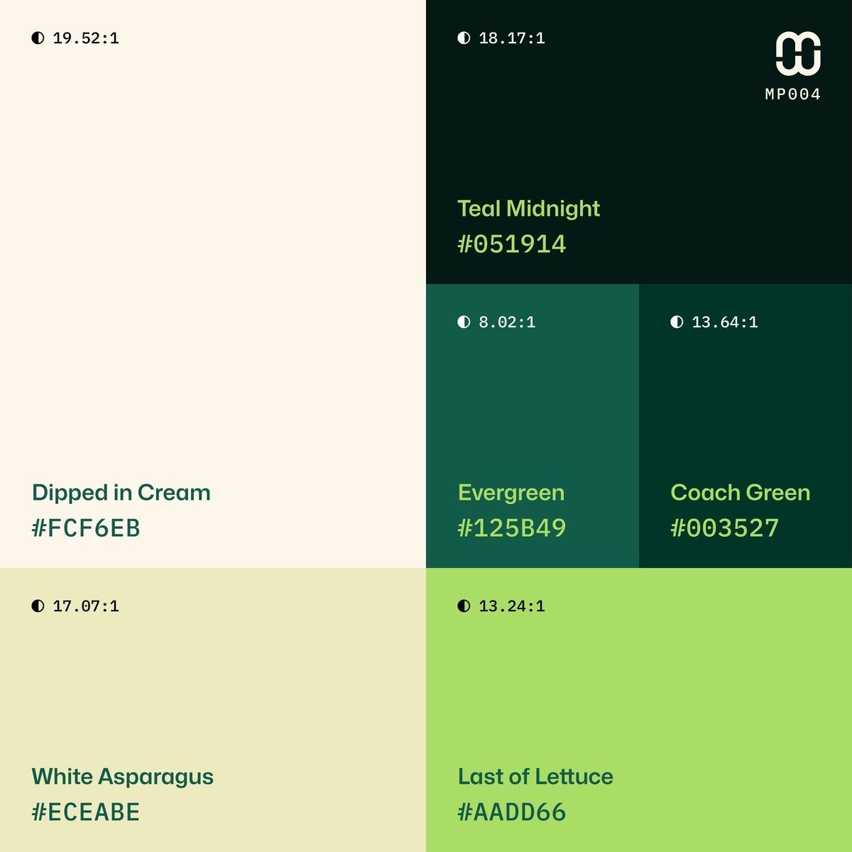 This design showcases a clean, modern approach to color presentation using distinct blocks and ample negative space. The visual language relies heavily on flat color fields and clear textual hierarchy to present information efficiently. The overall feel is professional, organized, and fresh.