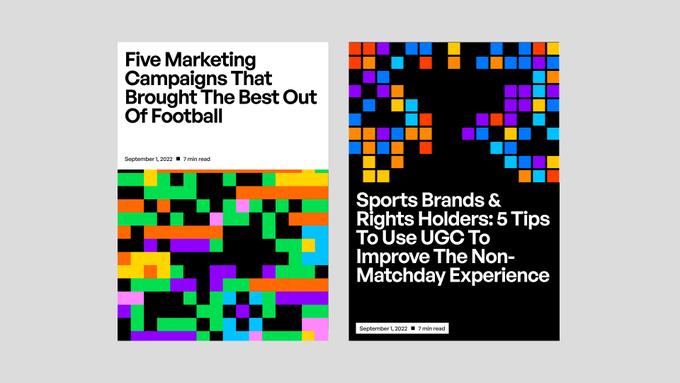 The image presents two distinct visual treatments, likely thumbnails or covers for articles, characterized by a vibrant, pixelated, and high-contrast aesthetic. The design heavily utilizes a mosaic or block pattern to convey energy and digital texture.