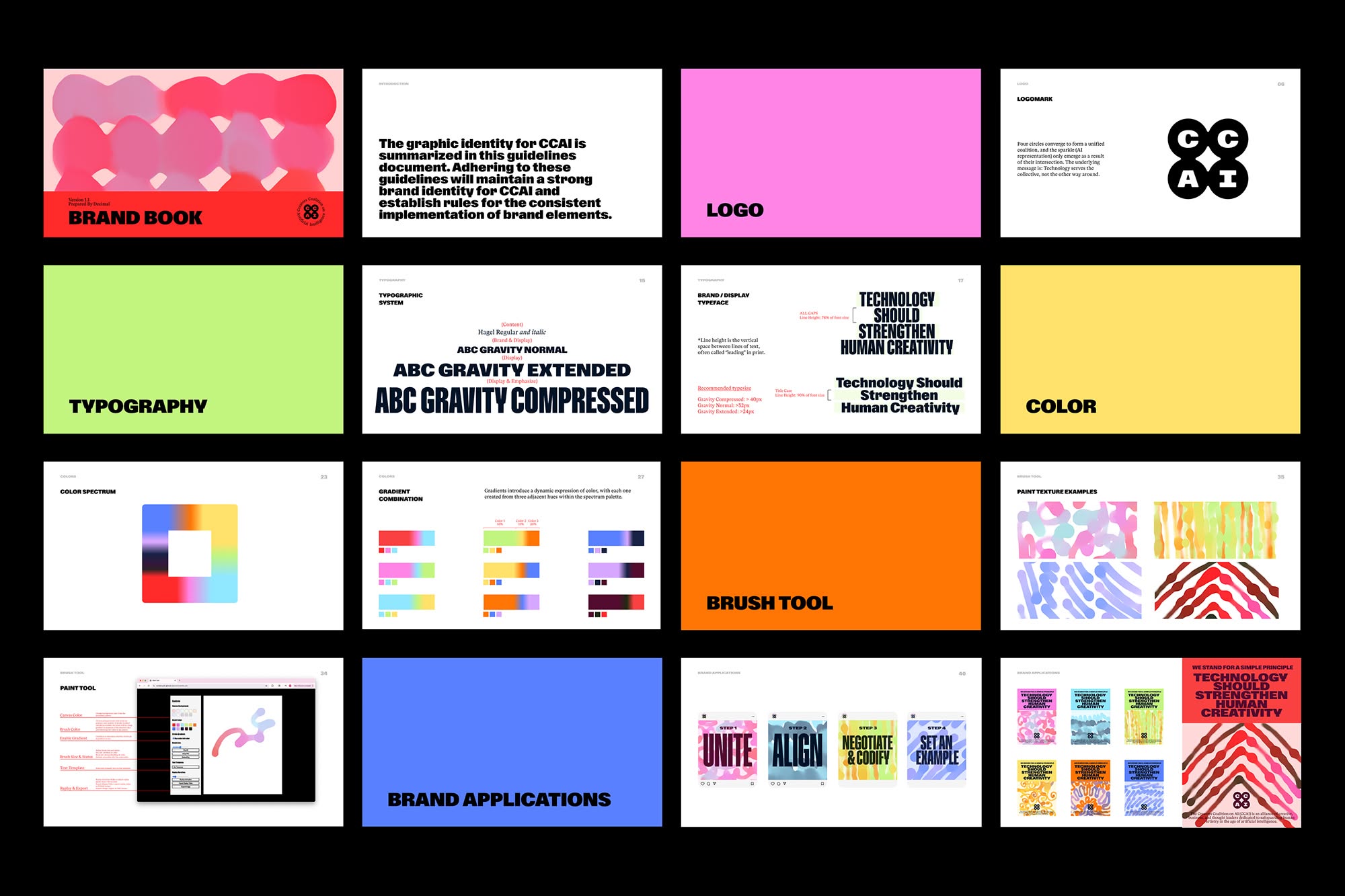 A vibrant brand identity and design system showcase featuring a comprehensive collection of design elements, typography, color palettes, and brand applications. The layout presents a modular grid of diverse design components demonstrating cohesive visual language across multiple touchpoints and formats.