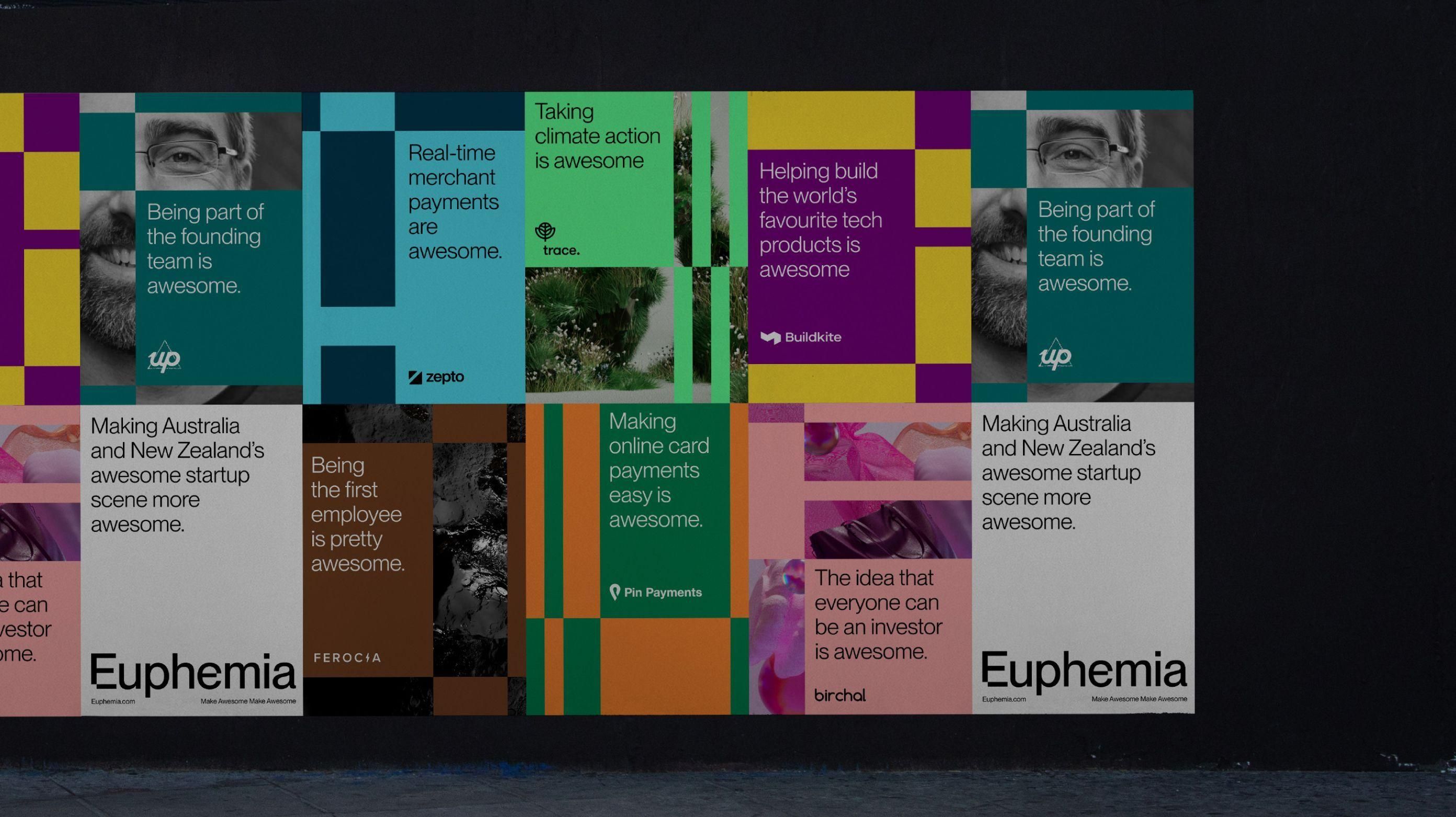 This design utilizes a modular grid layout to present information in a visually engaging and segmented manner. The visual language is clean and modern, relying heavily on distinct color blocks to separate different concepts or testimonials. The overall feel is professional, energetic, and organized.