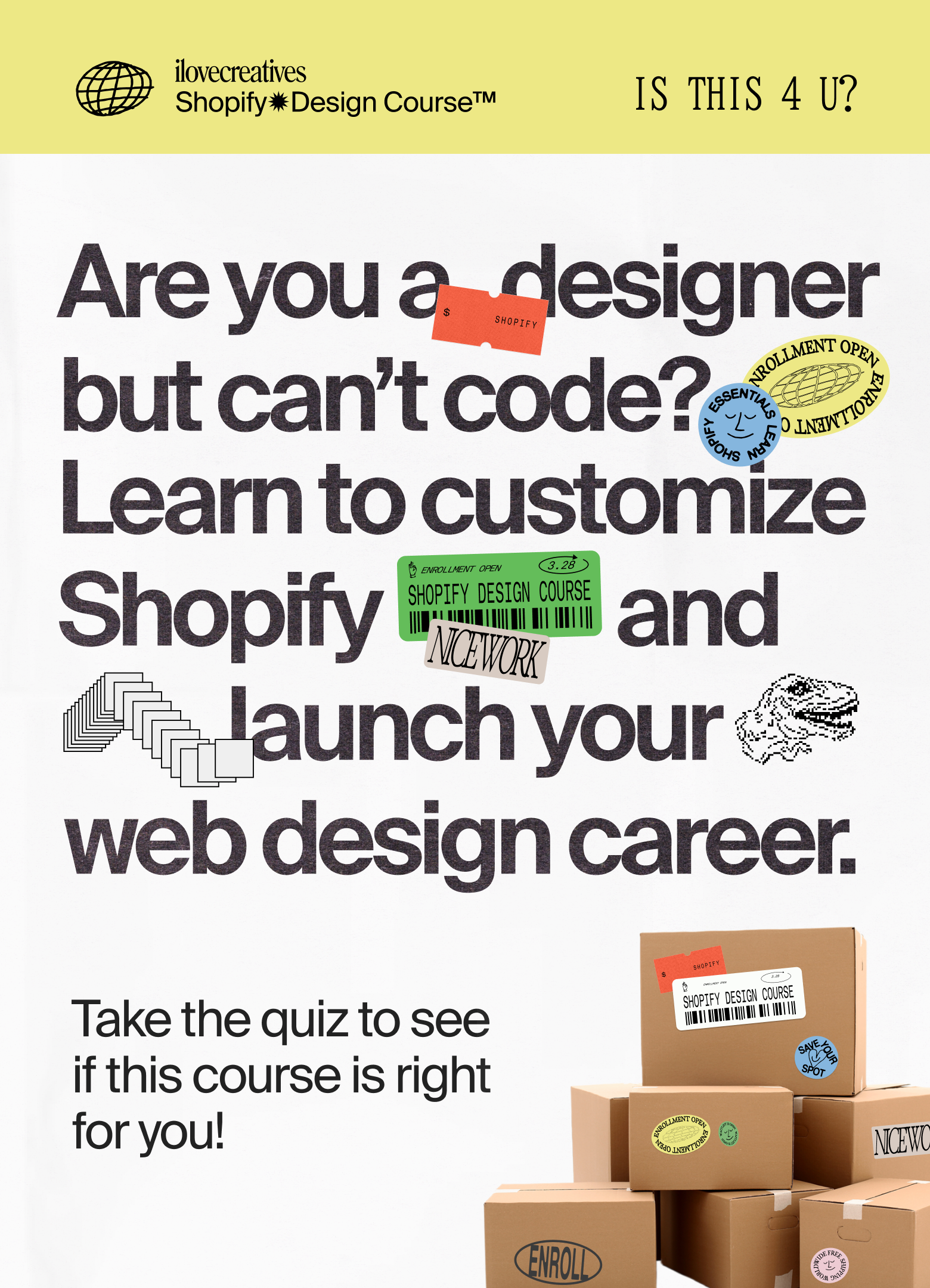 This design employs a stark, high-contrast visual language to promote an educational course, focusing heavily on bold typography and direct calls to action. The overall feel is professional, assertive, and focused on career development.