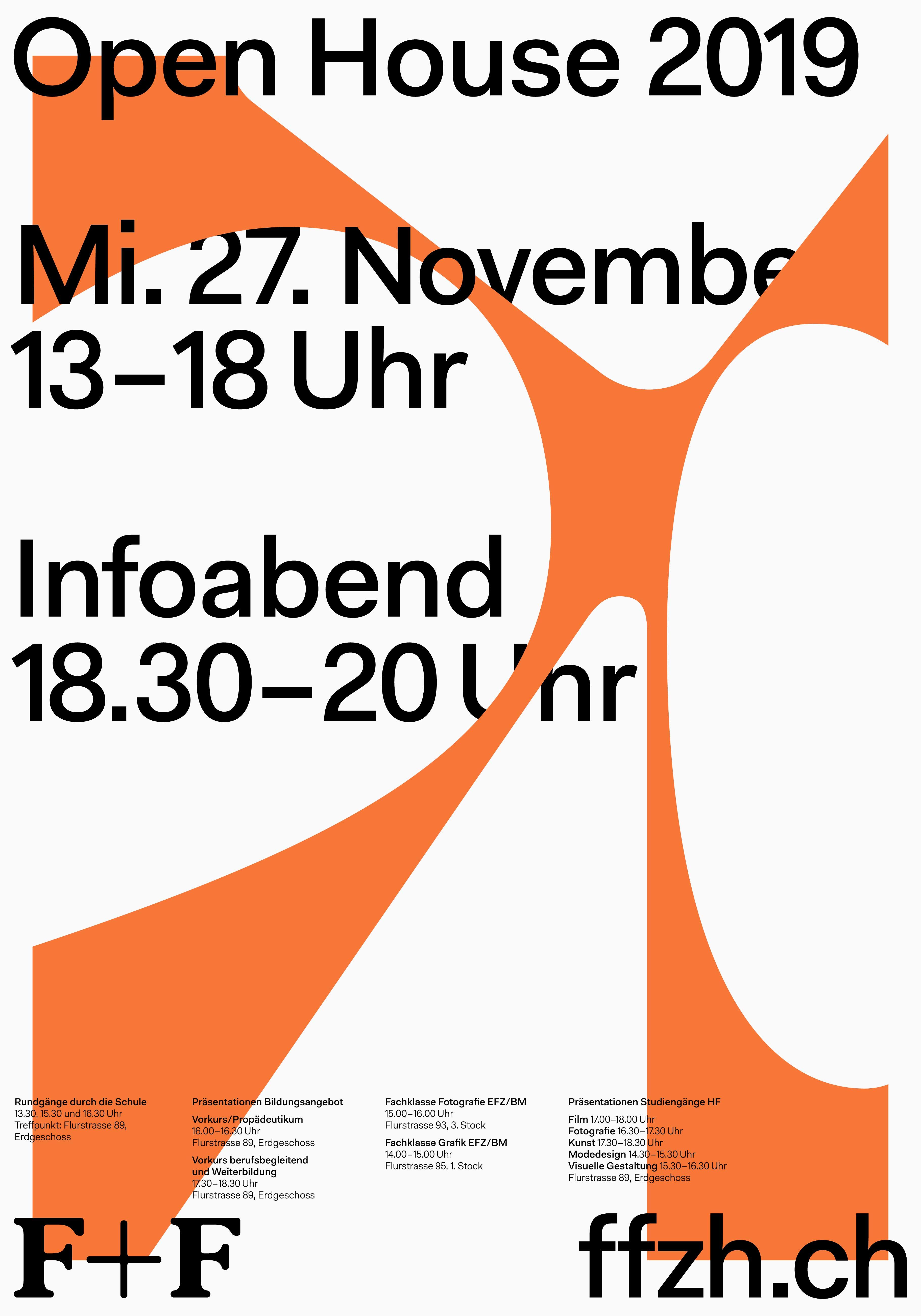 A bold, contemporary event poster featuring dynamic organic shapes in vibrant orange that create a sense of movement and energy. The design employs a minimalist Swiss-style approach with clean typography and strategic use of negative space, creating visual tension between the geometric text and flowing abstract forms.