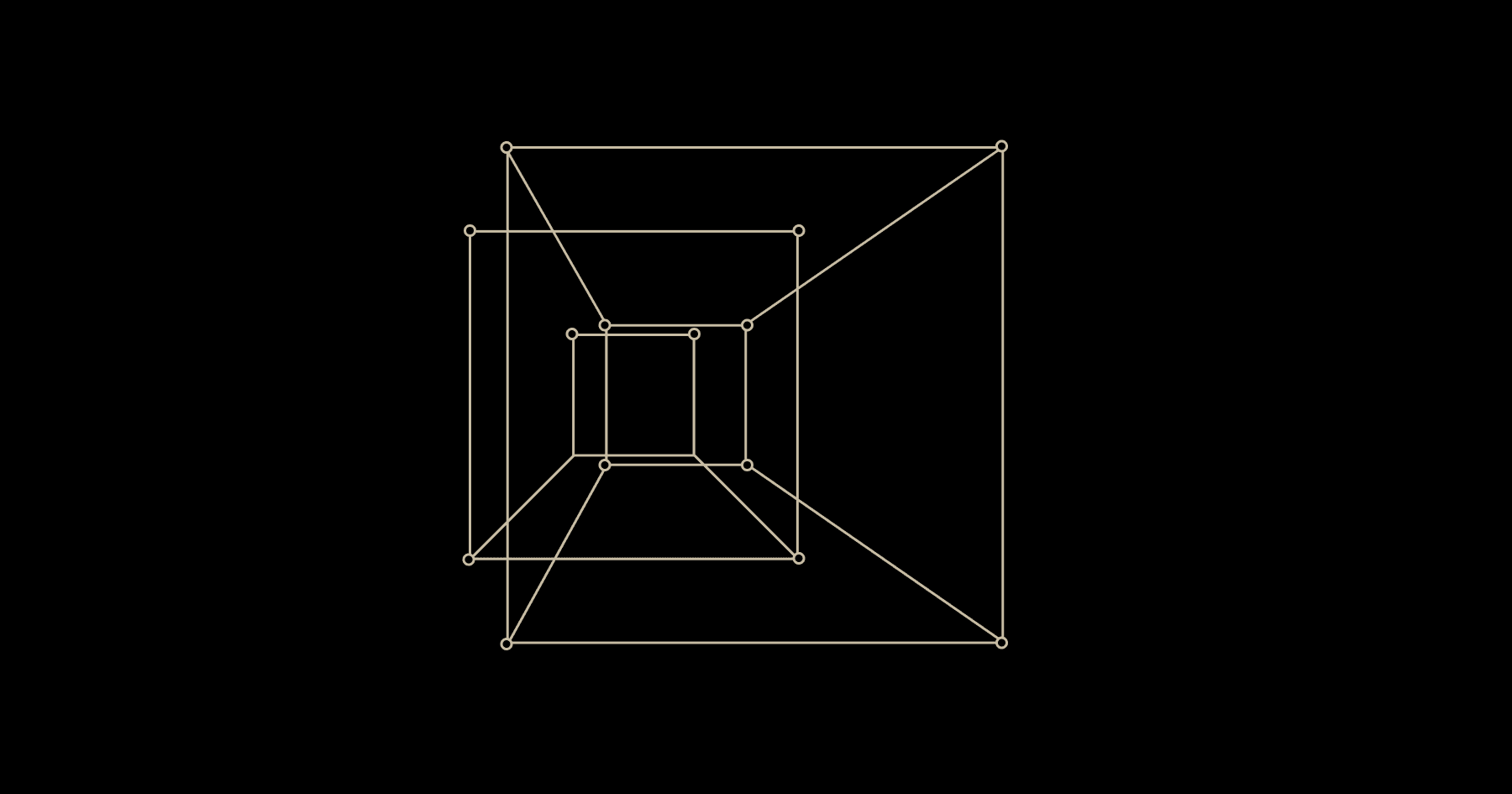 This image is a high-contrast line drawing illustrating a nested geometric structure, likely a cube or rectangular prism viewed in perspective. The visual language relies entirely on precise orthogonal lines and negative space to convey depth and three-dimensional form through minimalist abstraction.