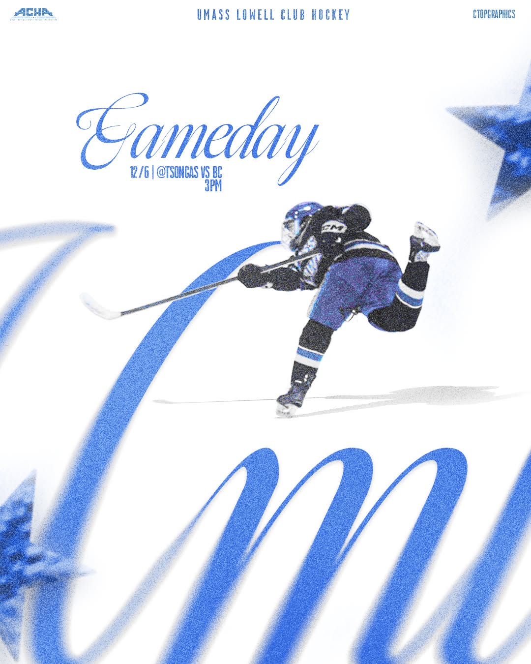 This is a promotional graphic for a hockey game, utilizing a clean, high-contrast design dominated by cool blues and white. The composition focuses on an action shot of a player, overlaid with large, stylized text that conveys excitement and immediacy.
