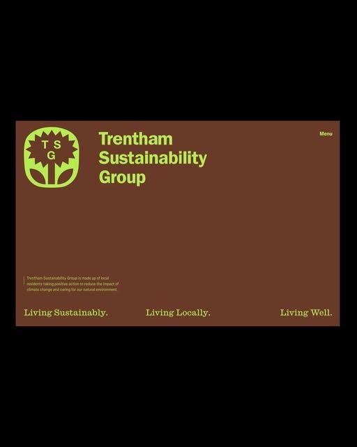 A warm, earthy website design for Trentham Sustainability Group featuring a distinctive geometric plant icon and bold sans-serif typography. The layout balances organic environmental messaging with clean, modern design principles using a rich brown palette and lime-green accents.
