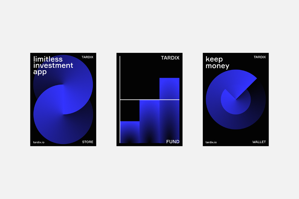 This set of designs utilizes a dark mode aesthetic with striking, vibrant blue geometric shapes to convey trust and modernity. The visual language is clean and minimalist, relying on strong contrast between deep blues and black to highlight abstract concepts related to finance and investment. The overall feel is sophisticated, secure, and technologically advanced.