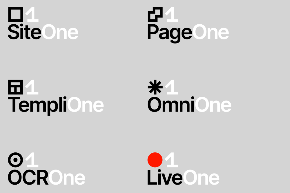 The image presents a minimalist, grid-like display of brand names, each paired with a stylized icon and the word 'One'. The design is clean, modern, and relies heavily on simple geometric symbols to represent each entity.