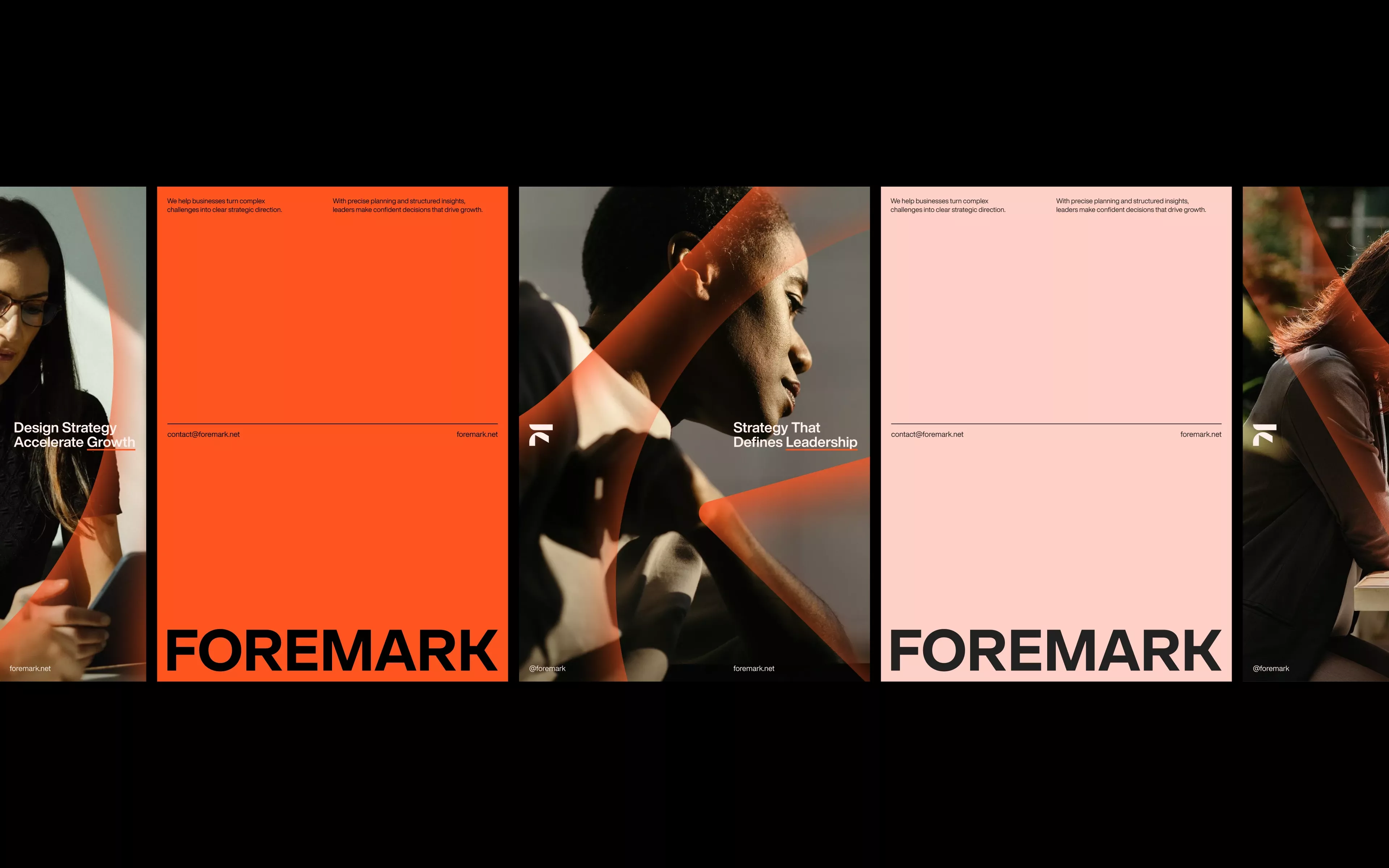 This design utilizes a high-contrast, cinematic approach combining strong photographic elements with clean typography. The visual language is modern and corporate, emphasizing professionalism and depth through the use of dark backgrounds and vibrant accent colors.