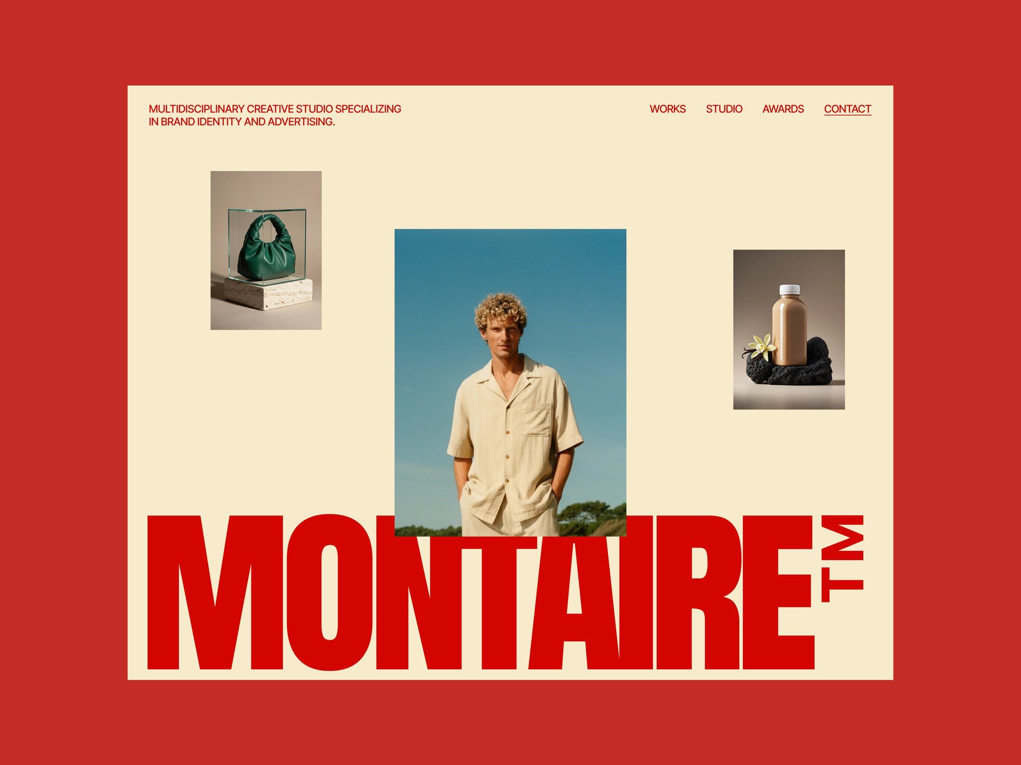 The design is clean, minimalist, and professional, utilizing a muted, earthy color palette contrasted by bold red typography. It conveys a sense of high-end creativity and established expertise through balanced, sparse composition.