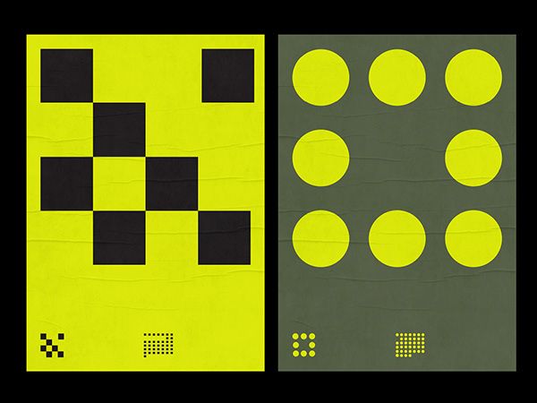 A bold, geometric design system featuring two complementary compositions with high-contrast neon yellow and dark tones. The left panel showcases an abstract pixelated pattern with black squares on a vibrant yellow ground, while the right presents a grid of perfect circles in the same yellow against a muted sage-green background. Both compositions employ minimalist, modular design principles with small pixel-based icons at the base.