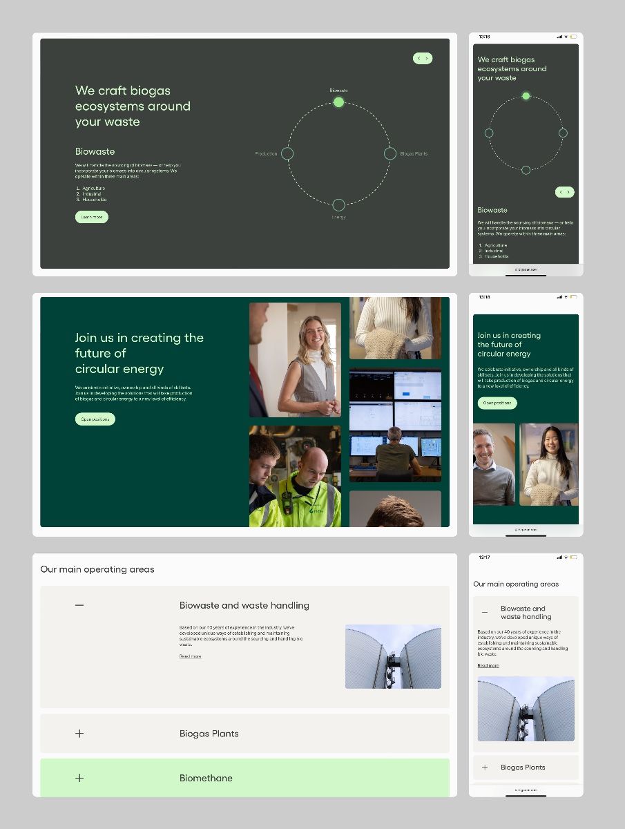 The design presents a clean, modern, and professional interface, utilizing a dark green and white palette to convey environmental responsibility and technical expertise. The layout is structured with distinct cards or screens, emphasizing clear navigation and information hierarchy.
