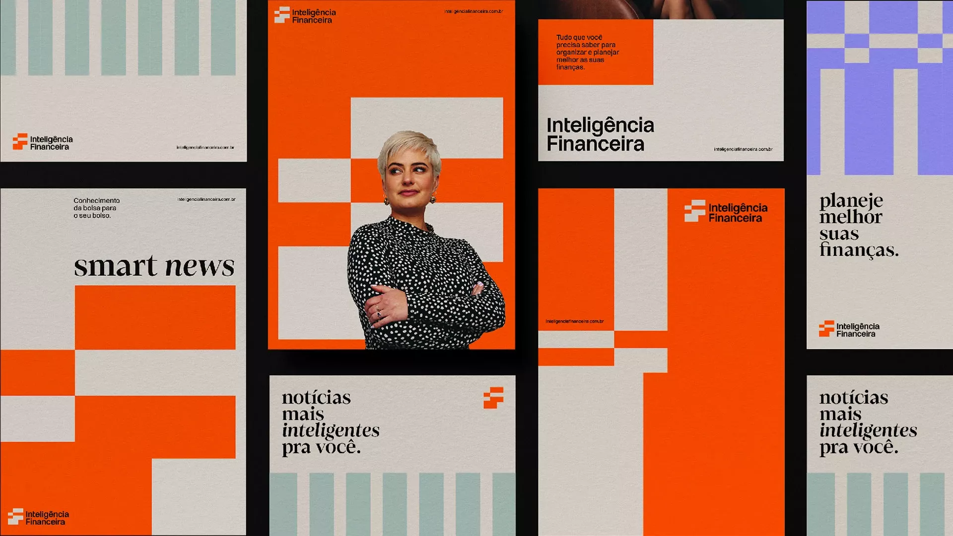 The design utilizes a clean, modular grid system with a strong contrast between white/light backgrounds and vibrant orange accents. The visual language is modern, corporate, and direct, employing geometric shapes to segment information clearly.