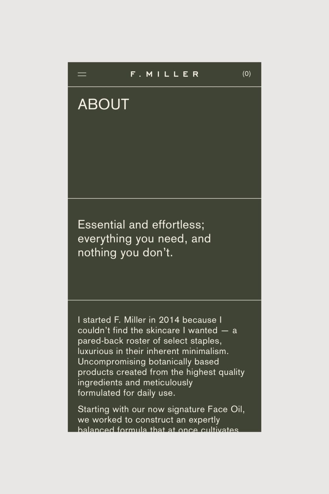 The design is minimalist and sophisticated, utilizing a monochromatic palette with clean typography to convey a sense of luxury and focused expertise. The layout is stark, relying on ample negative space to draw attention to the text content.