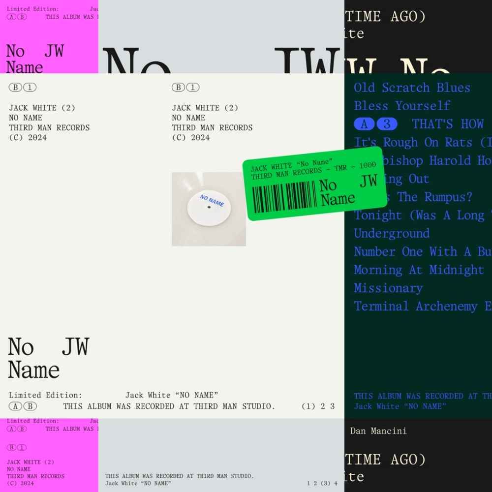 The image displays a collection of what appears to be physical music releases or catalog entries, characterized by stark, minimalist layouts typical of independent music or archival documentation. The design relies heavily on white space and simple black text, suggesting a focus on the content rather than elaborate graphic design.