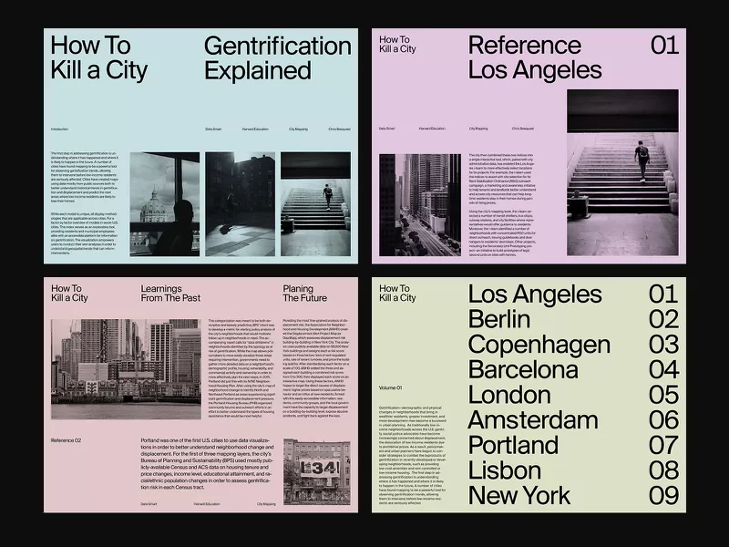 A contemporary editorial design system featuring a modular grid layout with pastel color blocking and minimalist typography. The design demonstrates sophisticated use of negative space, geometric organization, and a refined color palette that balances soft pastels with stark black and white photography.