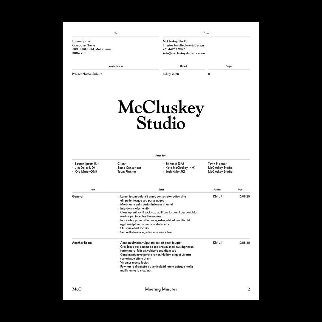 The document presents a formal, minimalist layout typical of a professional report or meeting minutes. It utilizes ample white space and clean lines to convey professionalism and clarity, relying heavily on standard black text on a white background.