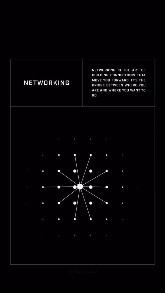 This is a highly minimalist and professional graphic utilizing high contrast between stark white text and a deep black background. The visual language relies on clean lines and geometric symmetry, using a radial pattern of dots to symbolize connection and expansion.