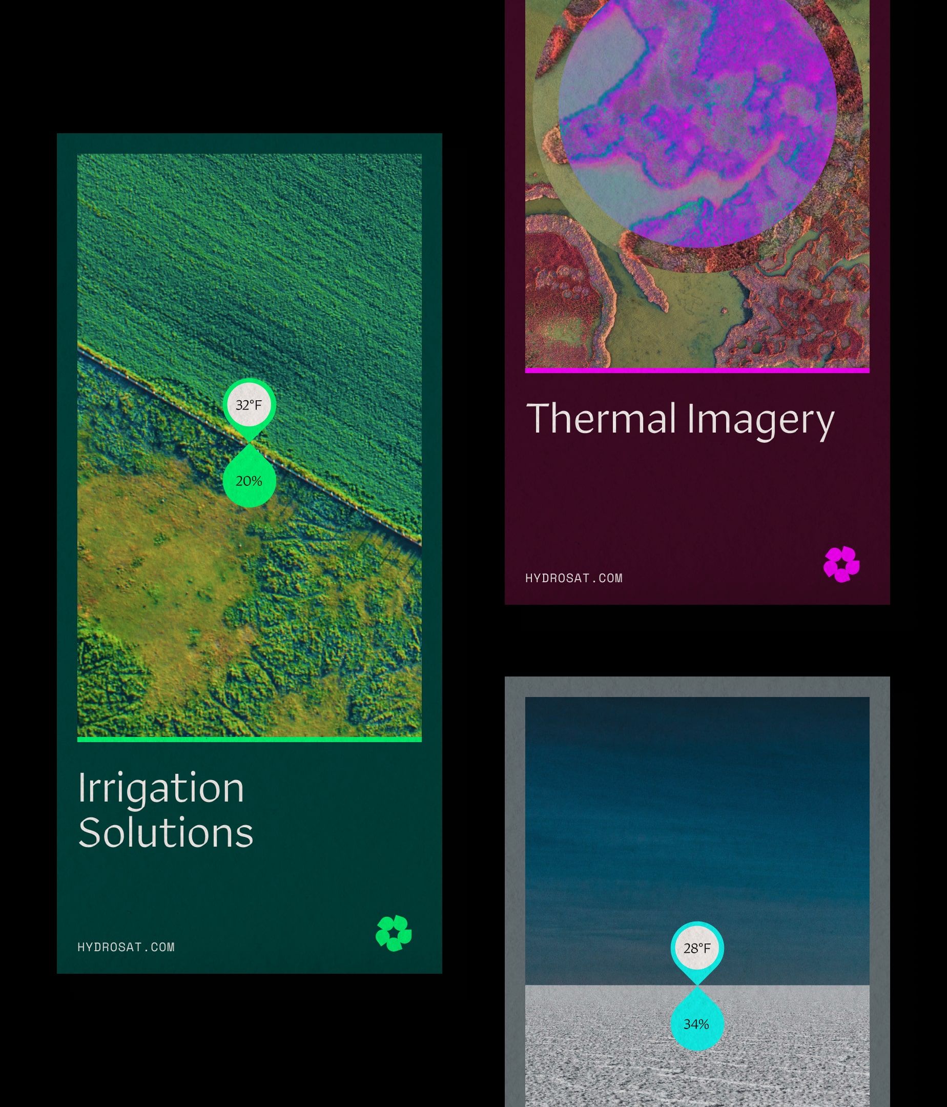 This is a modular, data-driven presentation showcasing environmental and thermal imagery. The design utilizes a dark background with vibrant, specific color accents to clearly separate different types of scientific data visualizations.