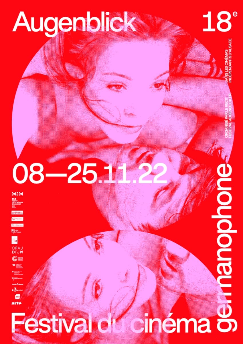 A bold, contemporary festival poster featuring a vibrant red and pink duotone color scheme with overlapping portrait photography. The design employs a modern, minimalist approach with clean typography and a striking visual hierarchy that commands immediate attention.